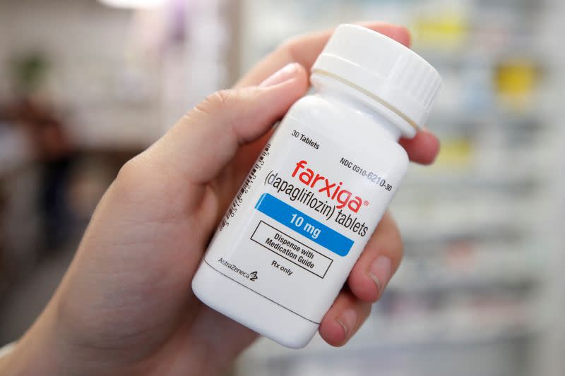 FILE PHOTO: Diabetes drug Farxiga (dapagliflozin) is displayed at a pharmacy in Provo, Utah, U.S.