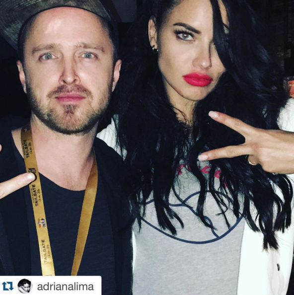 Aaron Paul hung out with Adriana Lima at the game — and he thanked his wife, Lauren, who attended with him, for being cool about it. “So this happened last night and then @adrianalima posted it for the world to see,” the “Breaking Bad” star wrote. “How can I not repost this? And also use it for every screen saver I have? #supermodels #ilovemywife.“ (Photo: Instagram)