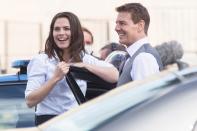 <p>Tom Cruise and Hayley Atwell chat while on set for <em>Mission Impossible 7 </em>in Rome, Italy on Monday. </p>