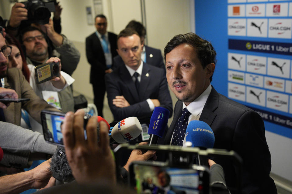 Olympique de Marseille President Pablo Longoria speaks during a news conference in Marseille, France, Sunday, Oct. 29, 2023. Lyon coach Fabio Grosso has suffered a head injury as the team bus came under attack from fans throwing objects before the French league soccer game against Marseille. (AP Photo/Daniel Cole)