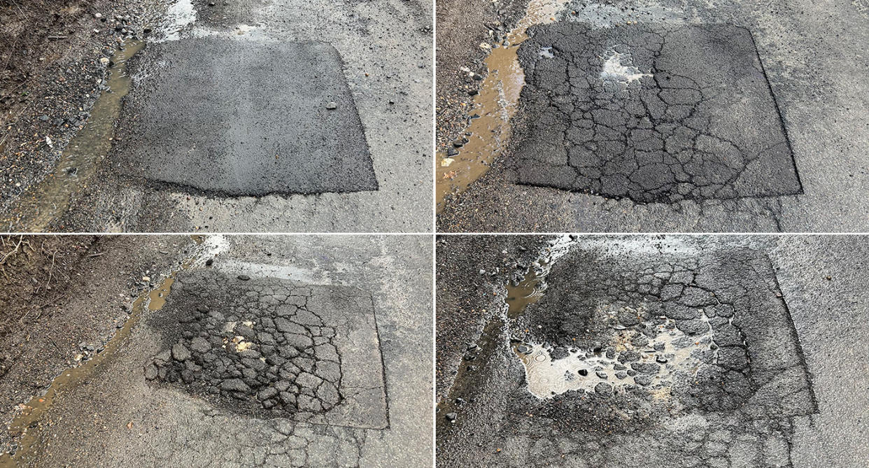 The pothole in Three Oaks, East Sussex, on day 1 (top left), day 3 (top right), day 6 (bottom left) and day 9 (bottom right), as it quickly crumbled. (Solent/BNPS)