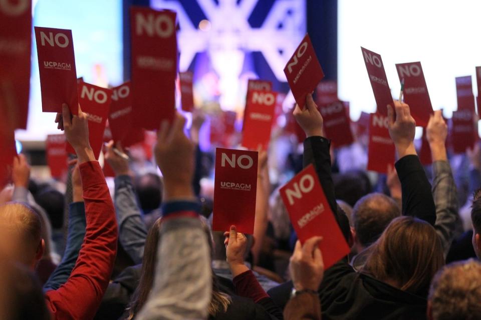 Delegates vote on policies during Plenary sessions at the Alberta United Conservative Party annual general meeting in Calgary in 2019.