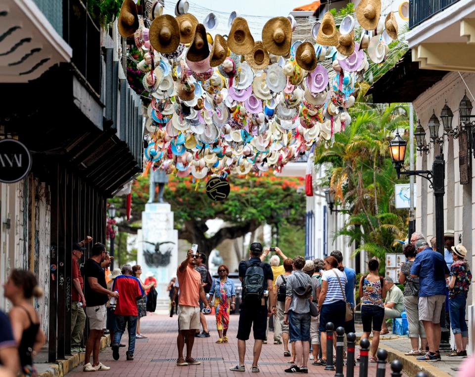 Tourists visit the old town in Panama City, Panama, on April 26, 2024.
