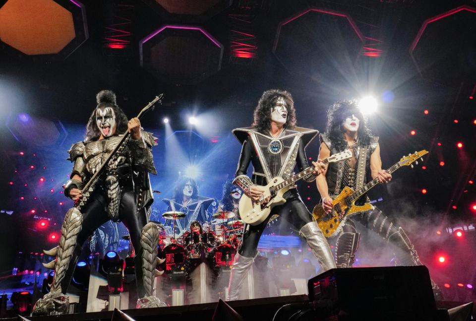 Gene Simmons, left, Tommy Thayer and Paul Stanley of KISS perform during the final night of the band's End of the Road tour on Saturday, Dec. 2, 2023, at Madison Square Garden in New York.