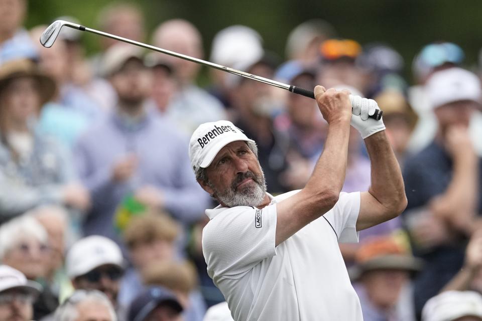 Jose Maria Olazabal, of Spain, watches his shot on the 12th hole during a practice round in preparation for the Masters golf tournament at Augusta National Golf Club Tuesday, April 9, 2024, in Augusta, Ga. (AP Photo/George Walker IV)