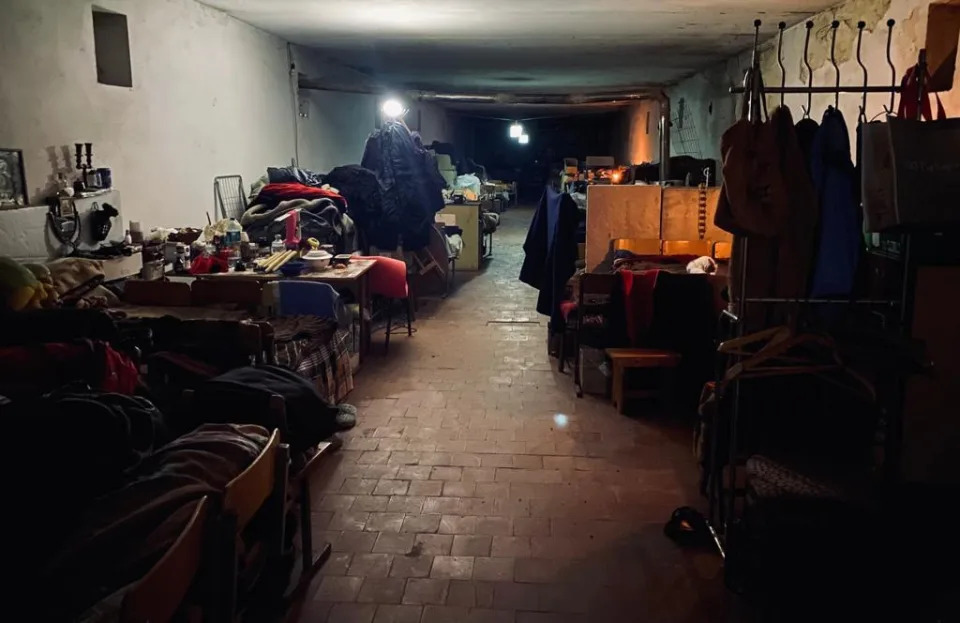 Inside the basement of a school in the southeast Ukrainian village of Velyka Novosilka, where dozens of mostly-elderly residents are taking shelter from the war outside. / Credit: CBS News/Agnes Reau