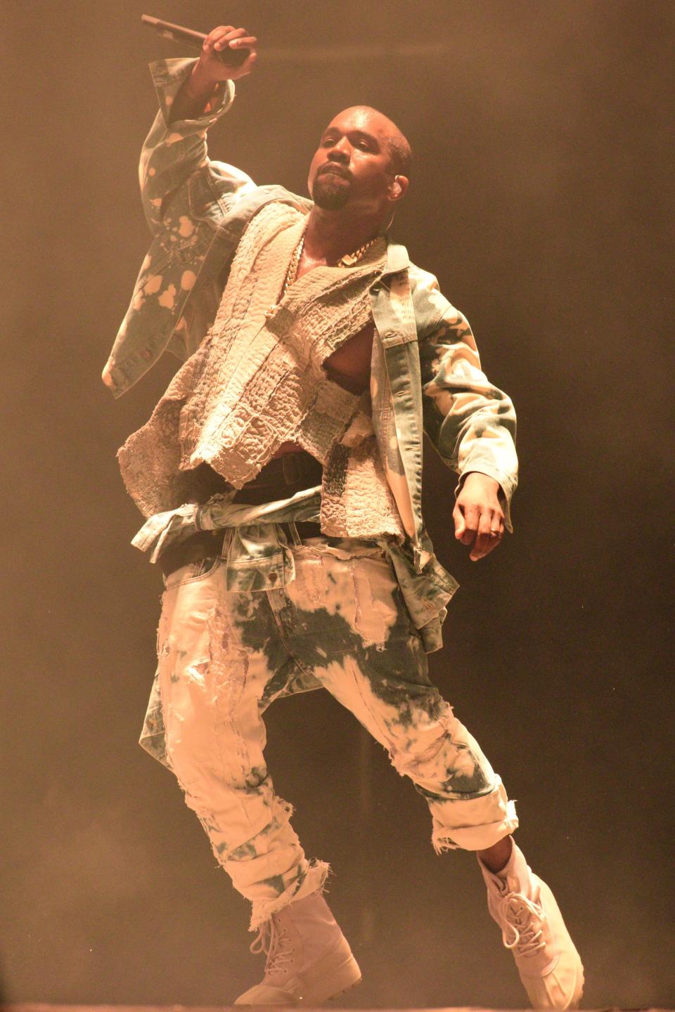 Kanye West performs on the Pyramid Stage at the Glastonbury Festival of Music and Performing Arts in 2015.