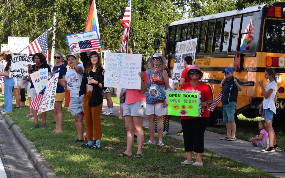 About 75 people showed up outside the Brevard County school board offices in Viera Friday morning for Awake Brevard Action Alliance, protesting the banning and removal of books from schools and the process in place for removing books.