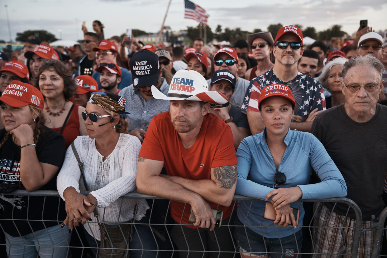 Supporters gather to listen to former President Donald Trump during a rally in Miami on Nov. 6, 2022.