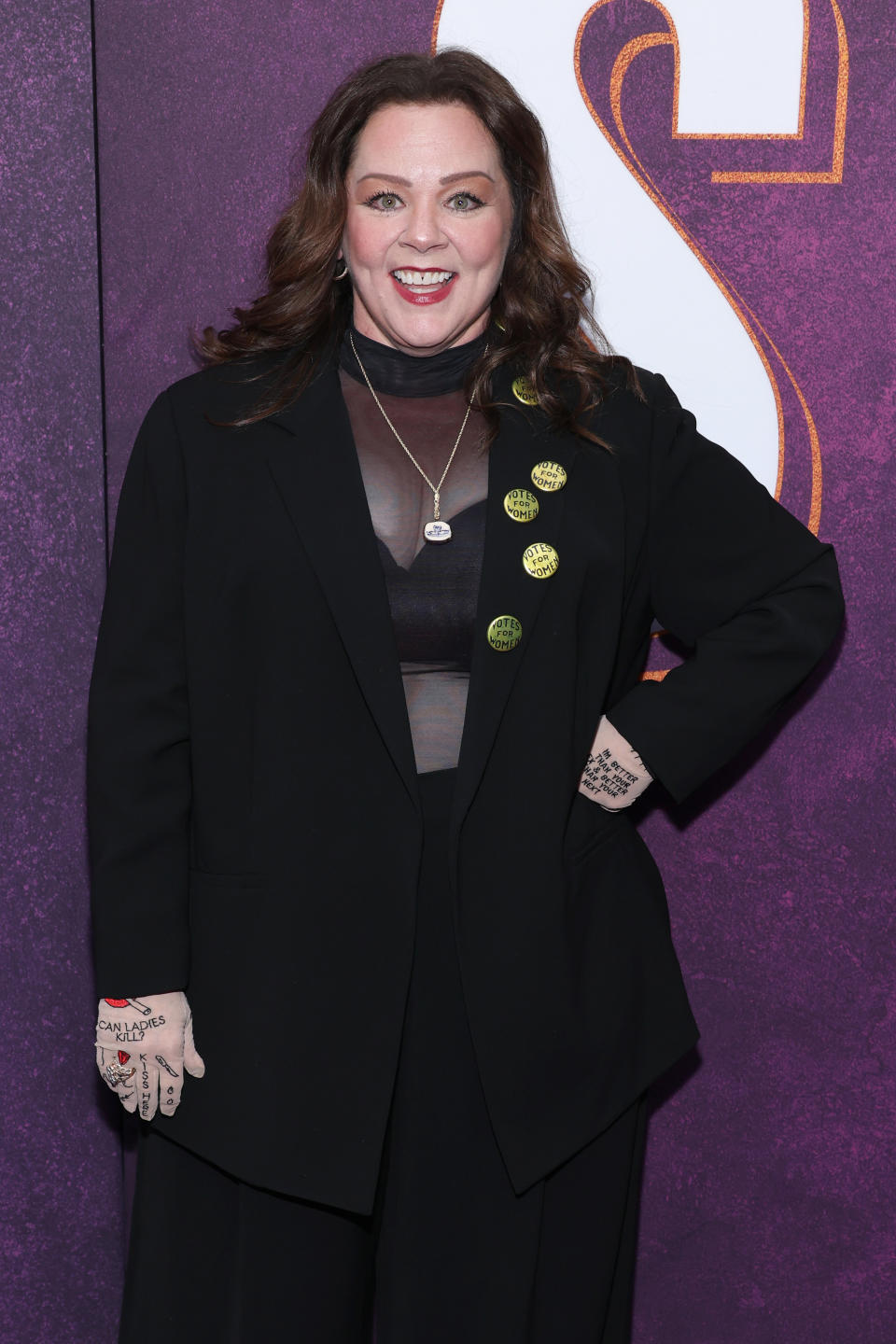 sheer see-through top, bra, gloves, NEW YORK, NEW YORK - APRIL 18: Melissa McCarthy attends the "Suffs" Broadway Opening Night at Music Box Theatre on April 18, 2024 in New York City. (Photo by Cindy Ord/Getty Images)