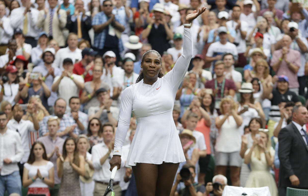 Serena Williams hasn’t taken her husband’s last name, but Wimbledon is addressing her as “Mrs.” (AP Photo/Kirsty Wigglesworth)