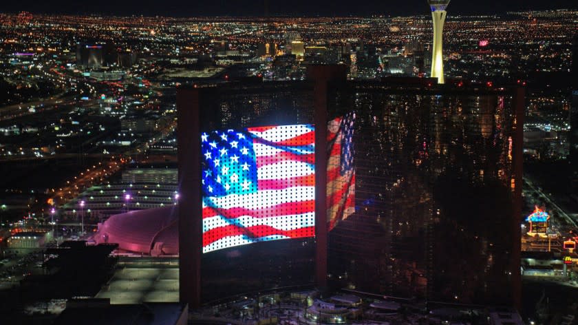 A massive new LED screen at Resorts World displays the American flag at the close of a virtual fireworks display on the Fourth of July. Opening summer, 2021, the hotel-casino promises further technological innovations.