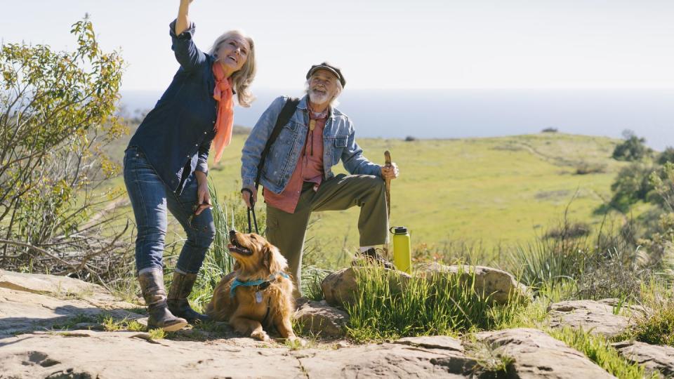 senior couple taking selfie with dog during hike on sunny day