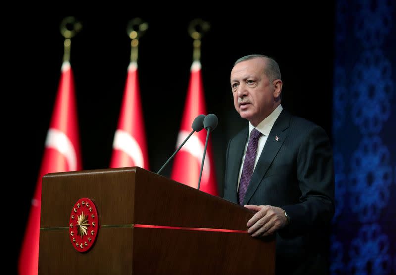 FILE PHOTO: Turkish President Erdogan speaks during a meeting to unveil the Human Rights Action Plan in Ankara