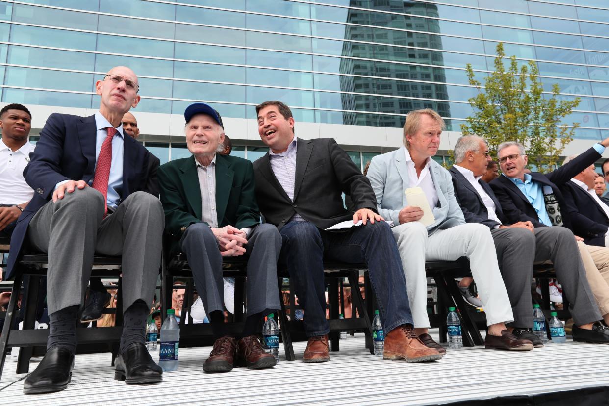 The Bucks celebrated the grand opening of the Fiserv Forum on August 26, 2018, with speeches, ribbon cutting, food, music and the public touring the building. On hand were (from left to right) NBA Commissioner Adam Silver, former Bucks owner Herb Kohl, Bucks President, Peter Feigin, Bucks owners, Wes Edens, Marc Lasry and Jamie Dinan.