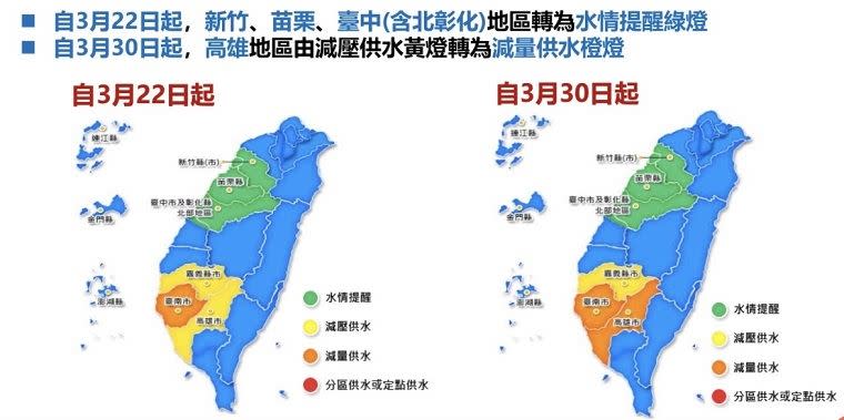 提前防旱擴大節水，新竹、苗栗、台中轉水情提醒綠燈，高雄轉減量供水橙燈。（圖／經濟部提供）