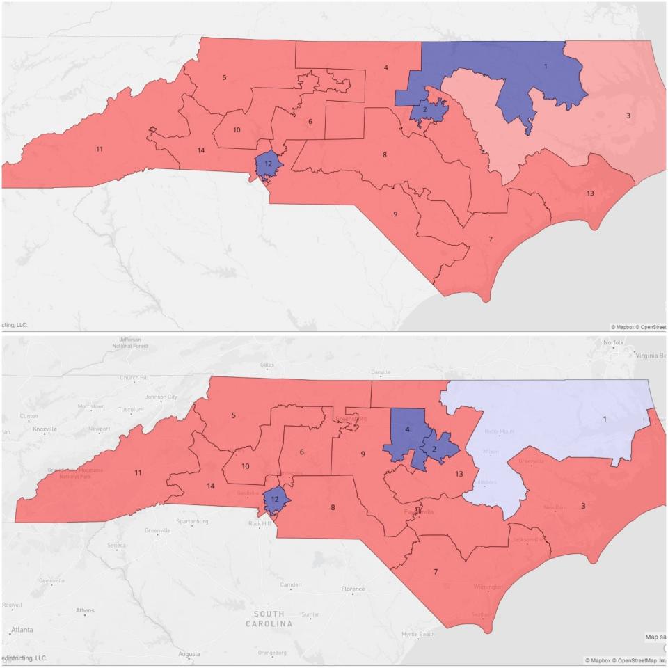 Two proposed maps show a Republican takeover, through gerrymandering, of U.S. Congressional Districts in North Carolina. The current NC delegation that goes to Washington comprises seven Democrats and seven Republicans. These could change that ratio to 11 Republicans and three Democrats, or 10 Republicans and four Democrats.