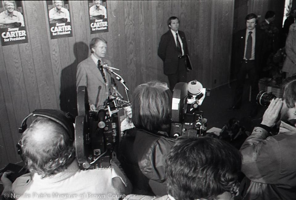 Jimmy Carter, then the former Georgia governor, speaks to Green Bay's press on the campaign trail on March 26, 1976.