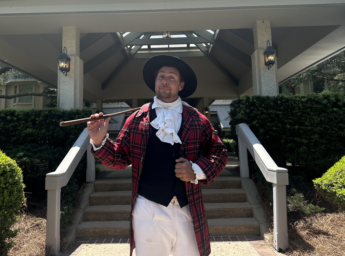 RBC Heritage mascot Sir William Innes poses on the front steps of The Inn & Club at Harbour Town, where many professional golfers book their stays for the tournament. The eighteenth-century Scottish golfer has been seen at Hilton Head’s annual PGA Tour event since 2010.