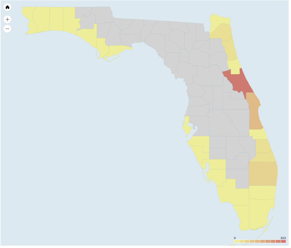 Conformed unprovoked shark bites in Florida by county from 1882 to present.