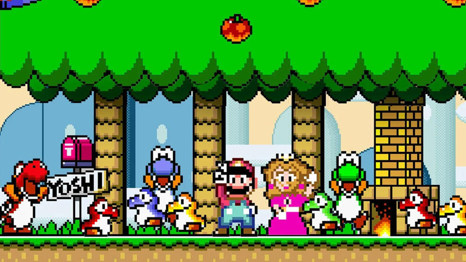 Mario and crew against a forest background in Super Mario World