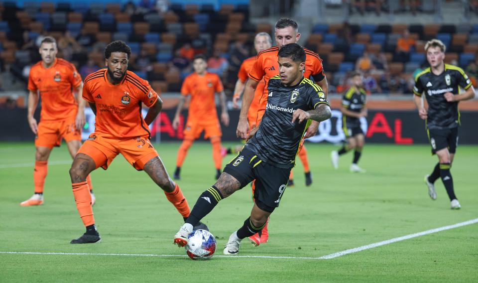 Aug 30, 2023; Houston, Texas, USA; Columbus Crew SC forward Cucho Hernandez (9) controls the ball during the second half against the Houston Dynamo FC at Shell Energy Stadium. Mandatory Credit: Troy Taormina-USA TODAY Sports