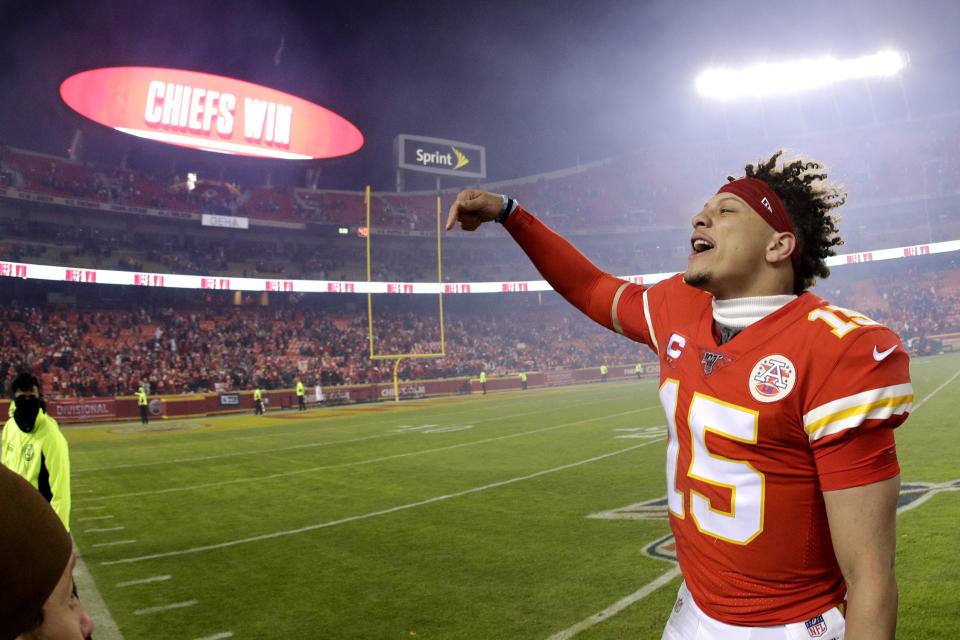 Kansas City Chiefs quarterback Patrick Mahomes celebrates as he comes off the field after an NFL divisional playoff football game against the Houston Texans, Sunday, Jan. 12, 2020, in Kansas City, Mo. (AP Photo/Charlie Riedel)