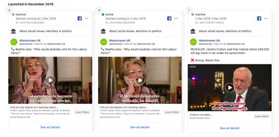 The three adverts are mostly about tax and public ownership (Facebook)