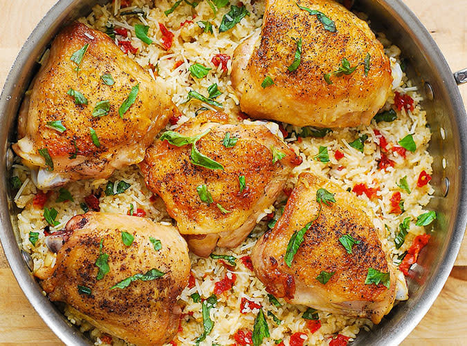One-Pan Chicken Thighs with Sun-Dried Tomato Basil Rice