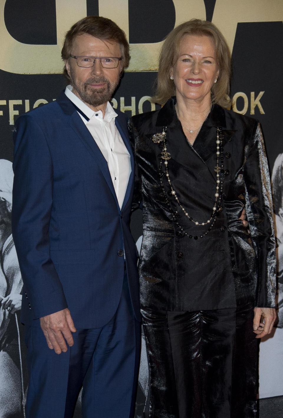 Swedish singer's Bjorn Ulvaeus, left, and Anni-Frid Lyngstad, of the pop group ABBA, pose on the red carpet for the band's International anniversary party at the Tate Modern in central London, Monday, April 7, 2014. The event marks the launch of ABBA – The Official Photo Book, the first ever authorised photographic biography of the band. (Photo by Joel Ryan/Invision/AP Images)