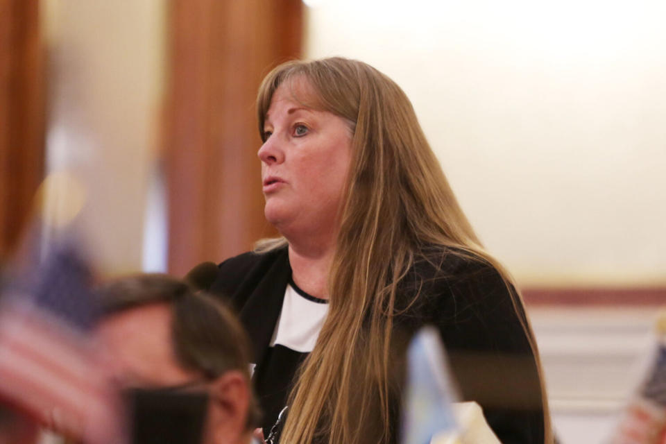 State Sen. Julie Frye-Mueller, R-Hot Springs, speaks on the Senate floor on Feb. 5, 2024. (Makenzie Huber/South Dakota Searchlight)