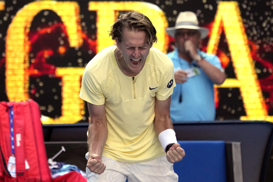 Sebastian Korda of the U.S. celebrates after defeating Hubert Hurkacz of Poland during their fourth round match at the Australian Open tennis championship in Melbourne, Australia, Sunday, Jan. 22, 2023. (AP Photo/Aaron Favila)