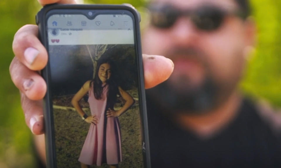 In this image from video, Javier Cazares shows a picture of his daughter, Jackie Cazares, Thursday, May 26, 2022, in Uvalde, Texas. Jackie, 9, was among the 19 children and two teachers killed during a mass shooting at Robb Elementary School on Tuesday. (AP Photo/Robert Bumsted)