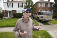 Nick Sbrocca talks about getting Covid-19 vaccinations in Detroit, Tuesday, May 4, 2021. Officials are walking door-to-door to encourage residents of the majority Black city to get vaccinated against COVID-19 as the city's immunization rate lags well behind the rest of Michigan and the United States. (AP Photo/Paul Sancya)