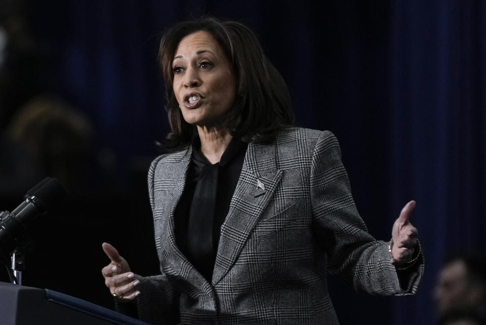 Vice President Kamala Harris speaks at the International Union of Painters and Allied Trades District Council 7, Monday, Jan. 22, 2024, in Big Bend, Wis. Harris is embracing her position as the Democrats' leading champion for abortion rights in this year's election. Harris visits Wisconsin on Monday for the first in a series of nationwide events focused on abortion, which remains politically potent almost two years since the Supreme Court overturned Roe v. Wade. (AP Photo/Morry Gash)