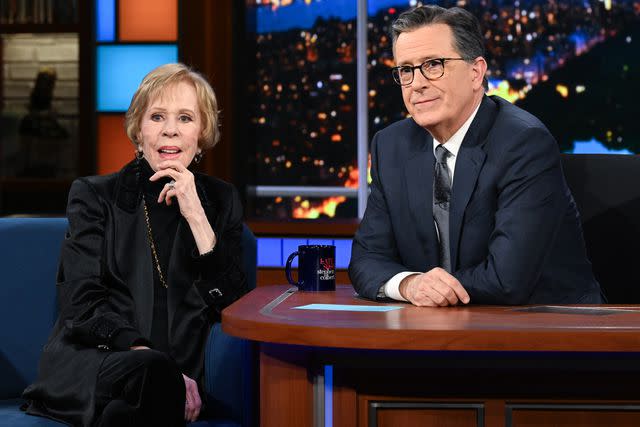 <p>Scott Kowalchyk/CBS</p> Carol Burnett (left) and Stephen Colbert on 'The Late Show with Stephen Colbert' on March 26, 2024