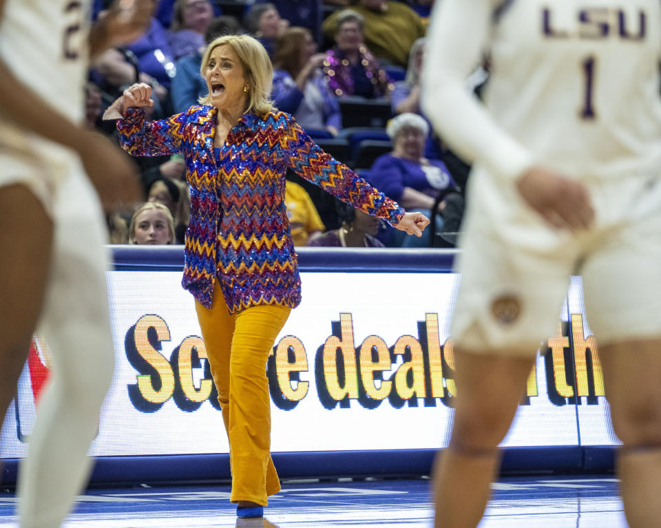 LSU head coach Kim Mulkey reacts after a call against her team in the fourth period of an NCAA college basketball game against Northwestern State, Sunday, Dec. 17, 2023, in Baton Rouge, La.Mulkey was ejected while arguing the call. (Michael Johnson/The Advocate via AP)