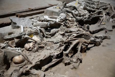 Shackled skeletal remains are piled on top of each other at the ancient Falyron Delta cemetery in Athens, Greece, July 27, 2016. REUTERS/Alkis Konstantinidis