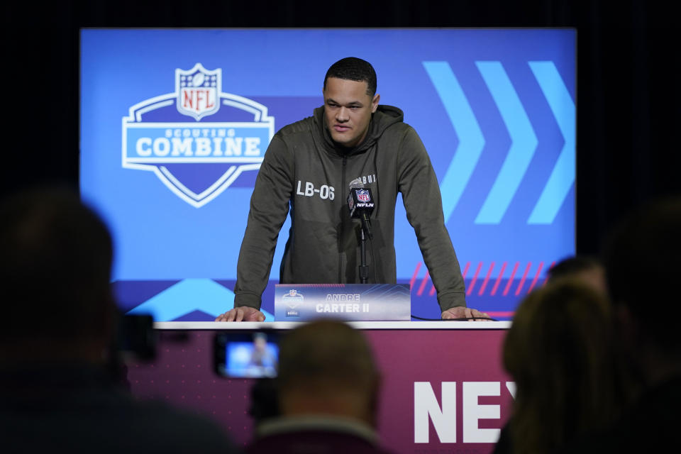 Army linebacker Andre Carter II speaks during a press conference at the NFL football scouting combine in Indianapolis, Wednesday, March 1, 2023. (AP Photo/Darron Cummings)