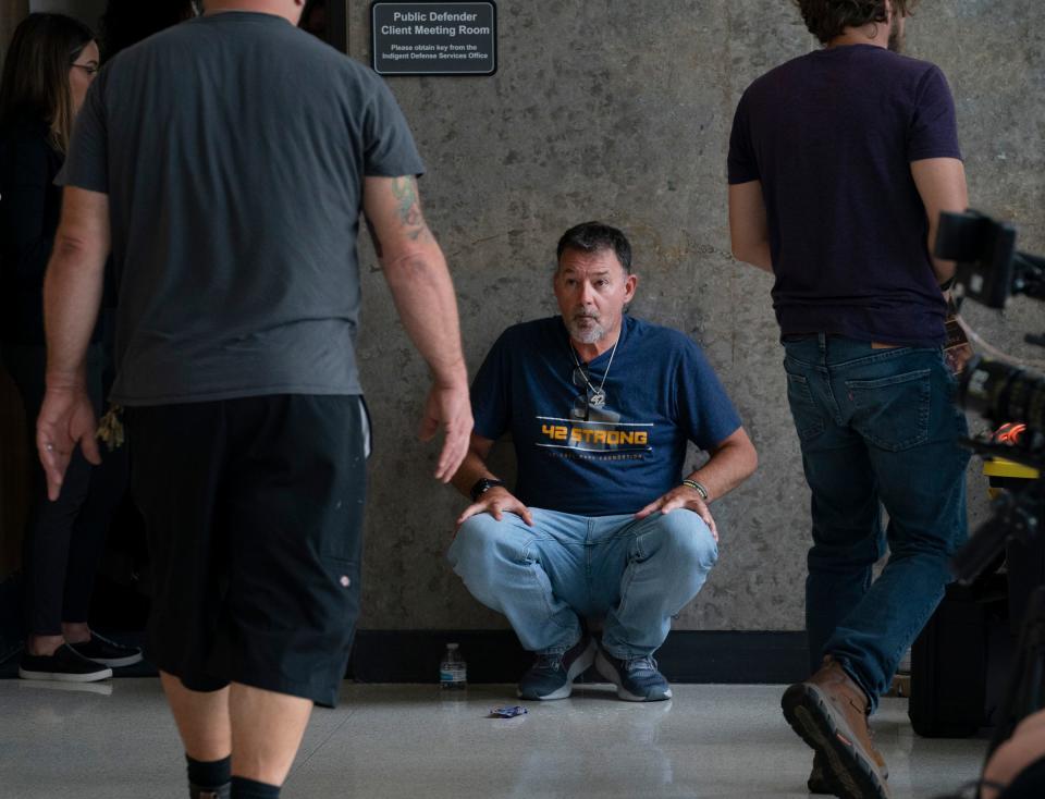 Buck Myre, father of slain Oxford student Tate Myre, takes a break outside the courtroom where a hearing is being held at the Oakland County Courthouse on Friday, July 28, 2023, to determine whether Ethan Crumbley will serve a life sentence without parole for the Oxford school shootings where he murdered four students, including Myre, and injured seven others.