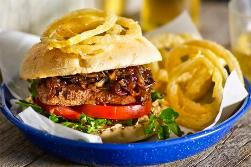 Steak Burgers With Beer-Battered Onion Rings