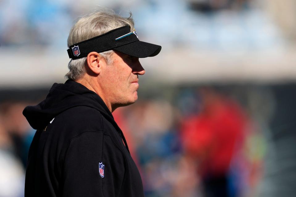 Jacksonville Jaguars head coach Doug Pederson looks on before a regular season NFL football matchup Sunday, Dec. 31, 2023 at EverBank Stadium in Jacksonville, Fla. [Corey Perrine/Florida Times-Union]