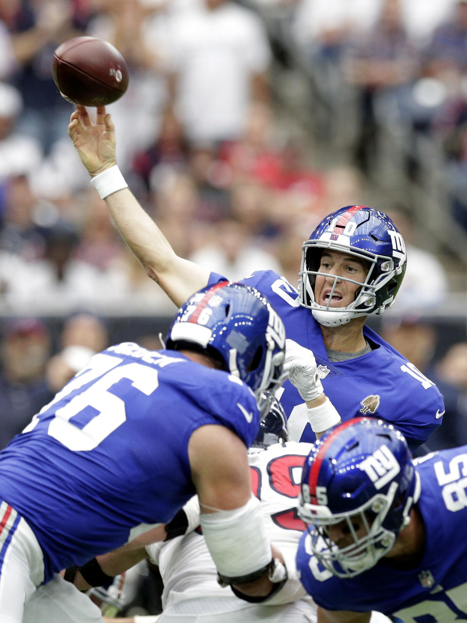 New York Giants quarterback Eli Manning throws a pass against the Houston Texans during the first half of an NFL football game Sunday, Sept. 23, 2018, in Houston. (AP Photo/Michael Wyke)