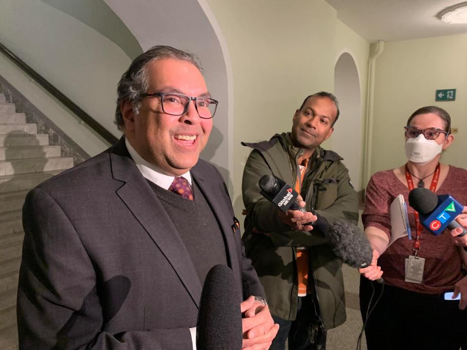 NDP leadership candidate Naheed Nenshi spoke to reporters during a visit to the Alberta legislature earlier this month.