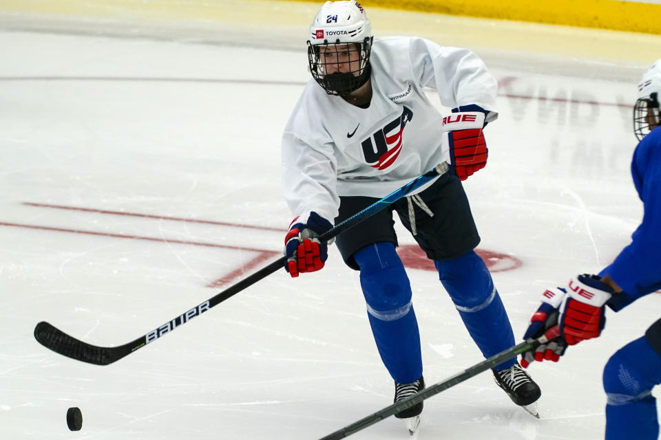 Maggie Scannell practices for the 2022 U.S. U18 Women's World Hockey Championships Saturday, June 11, 2022, in Madison, Wis. Nearly one-third of the players on the U.S. women's hockey team competing in this week’s under-18 World Championships are training at programs outside their home states. (AP Photo/Morry Gash)