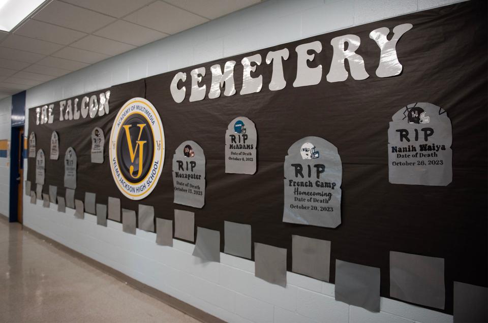 The Academy of Multimedia made a cemetery representing each team the Falcons have defeated, seen in Camden, Miss., on Tuesday, Nov. 28, 2023. The Velma Jackson Falcons are making their first state title appearance on Thursday.