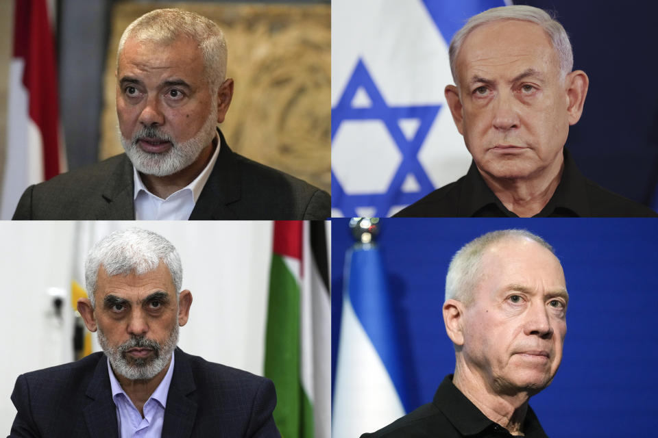 This combination of photos from clockwise from top left shows Ismail Haniyeh, the leader of the Palestinian militant group Hamas, in Beirut, Lebanon, on June 28, 2021; Israeli Prime Minister Benjamin Netanyahu in Tel Aviv, Israel on Oct. 28, 2023; Israeli Defense Minister Yoav Gallant in Tel Aviv on Oct. 16, 2023 and Yahya Sinwar, head of Hamas in Gaza, in Gaza City, Wednesday, April 13, 2022. (AP Photo)