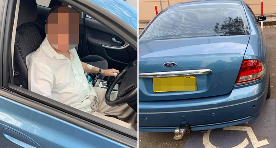 An elderly man behind the wheel of a Ford Falcon sits parked in a disabled parking spot.