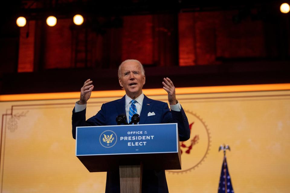 President-elect Joe Biden delivers a Thanksgiving address at the Queen Theatre in Wilmington, Delaware, on Nov. 25, 2020.