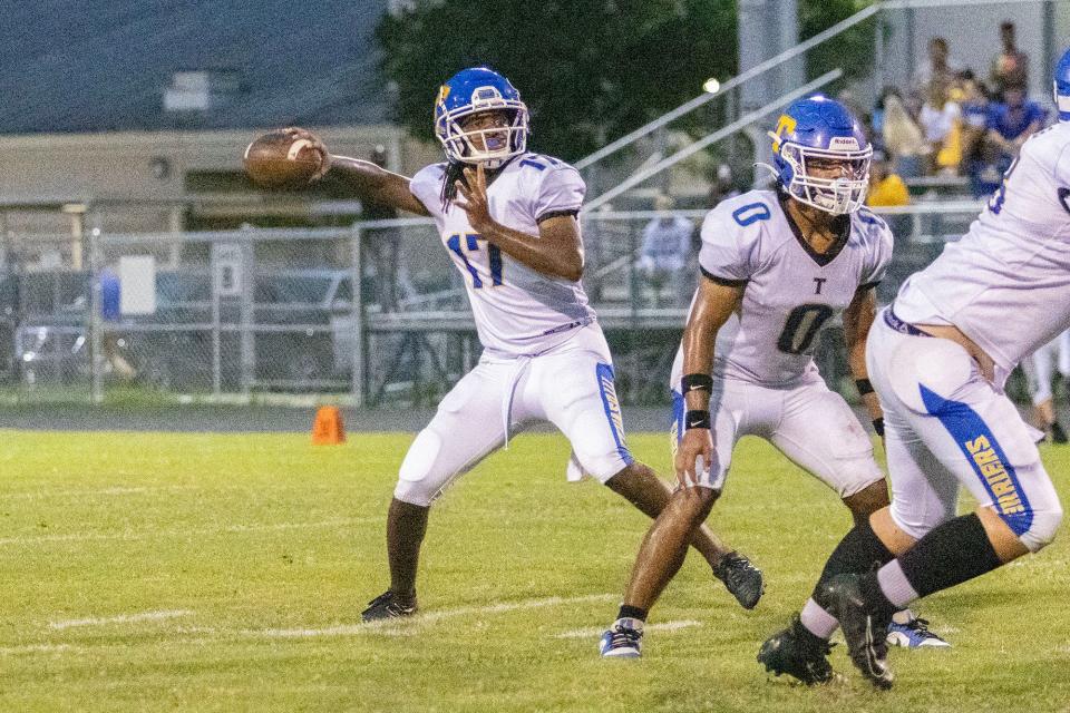 Titusville Terrier quarterback Josiah Allen (17) rifles a pass deep down field against the hosting Space Coast Vipers on Friday, September 29, 2023. Rob Zolman for Florida Today.
